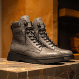 Grey Croc Print Leather Elvio Combat Boot