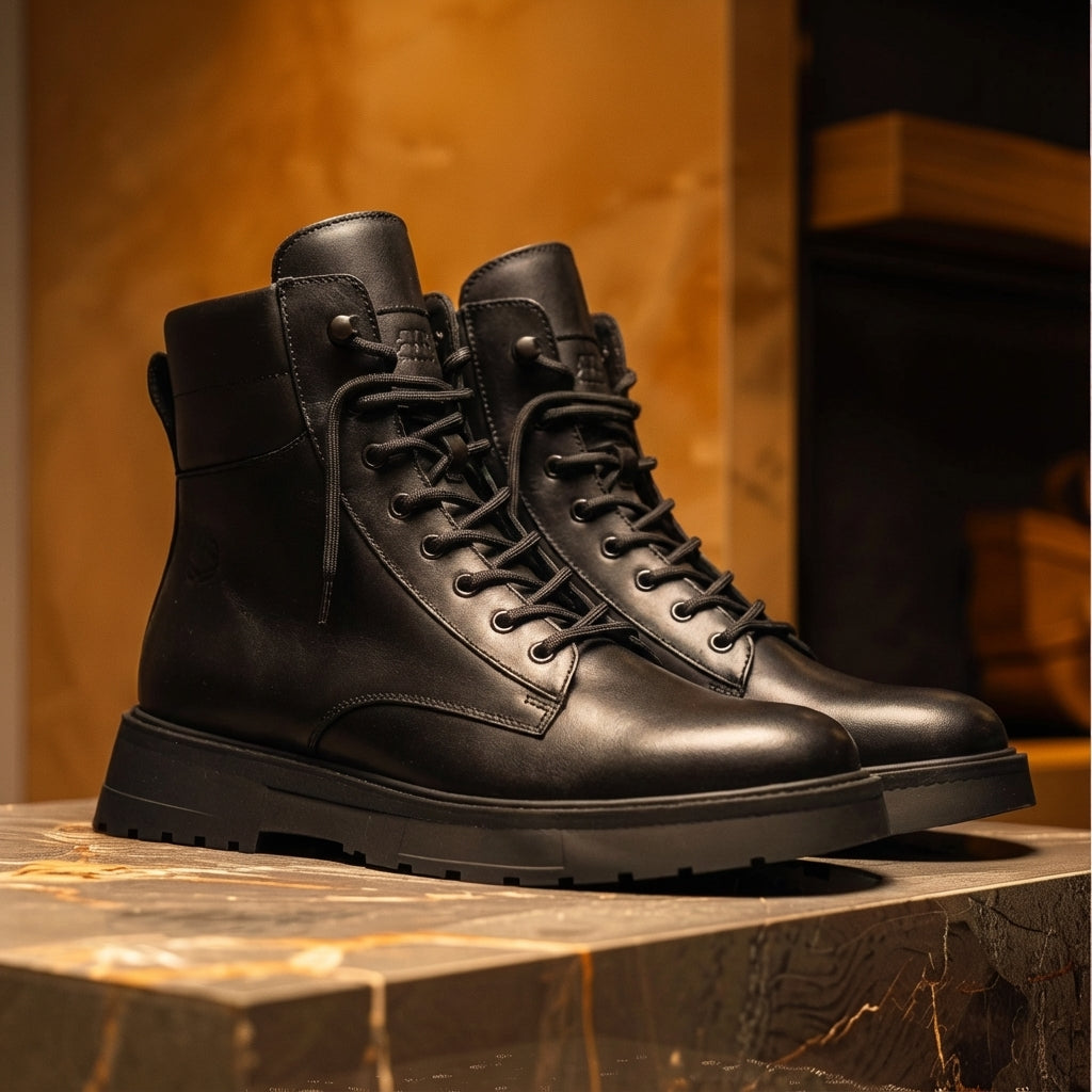 Black Leather Elvio Combat Boot