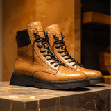 Tan Croc Print Leather Elvio Combat Boot