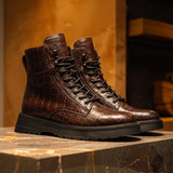 Brown Croc Print Leather Elvio Combat Boot