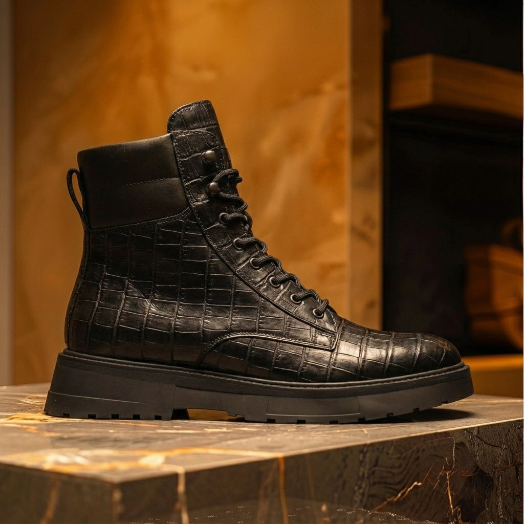 Black Croc Print Leather Elvio Combat Boot