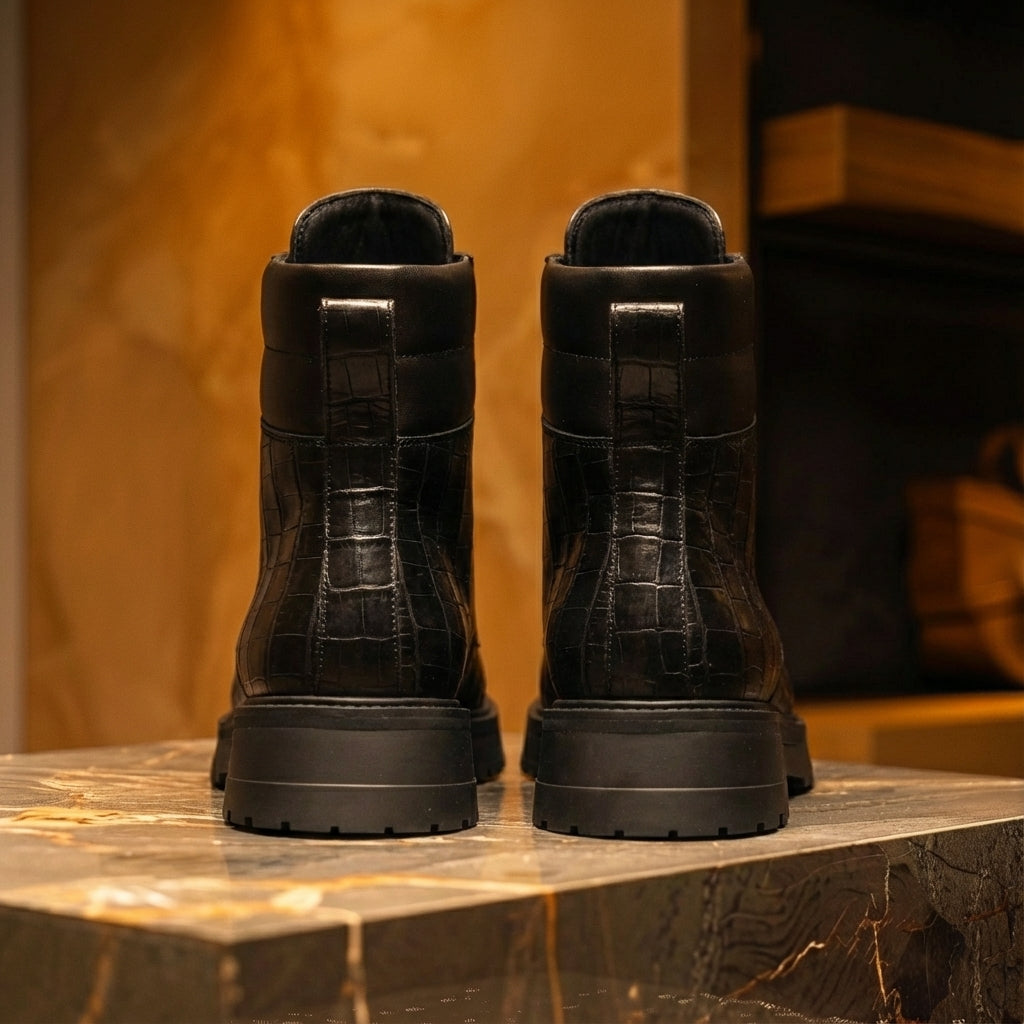 Black Croc Print Leather Elvio Combat Boot