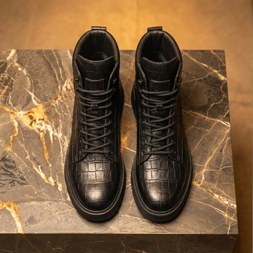 Black Croc Print Leather Elvio Combat Boot
