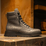 Grey Croc Print Leather Elvio Combat Boot