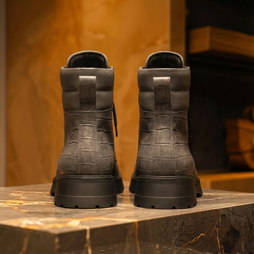 Grey Croc Print Leather Elvio Combat Boot