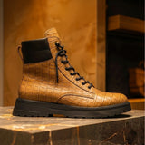 Tan Croc Print Leather Elvio Combat Boot