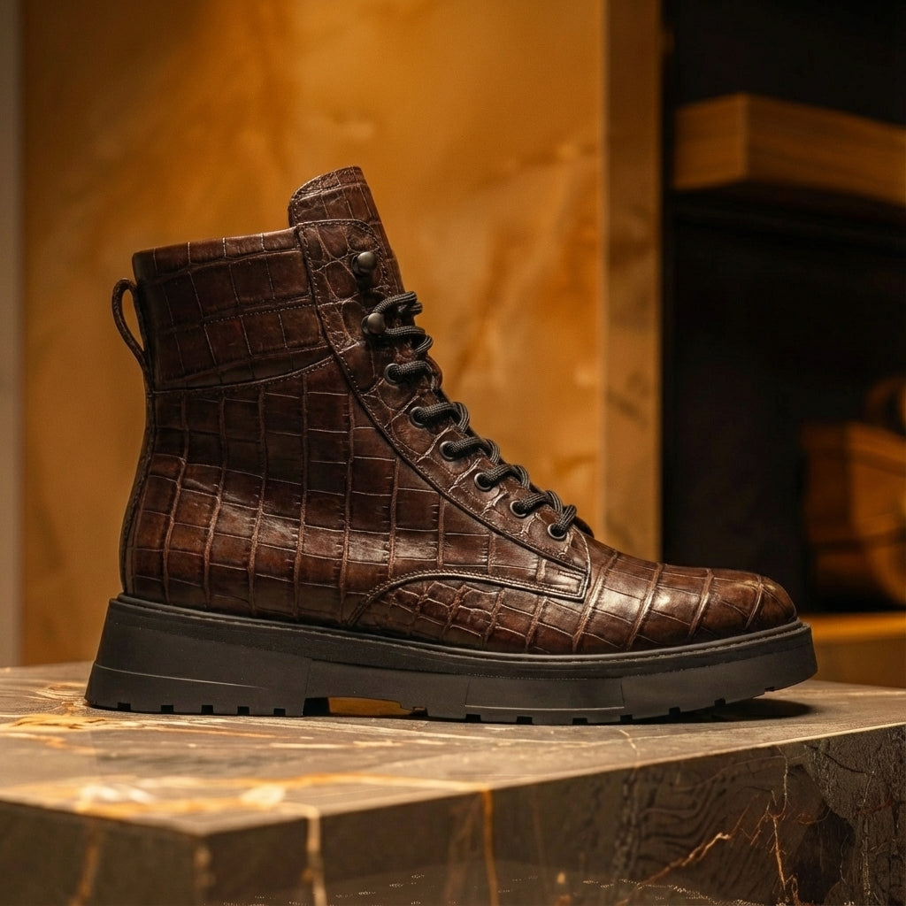 Brown Croc Print Leather Elvio Combat Boot
