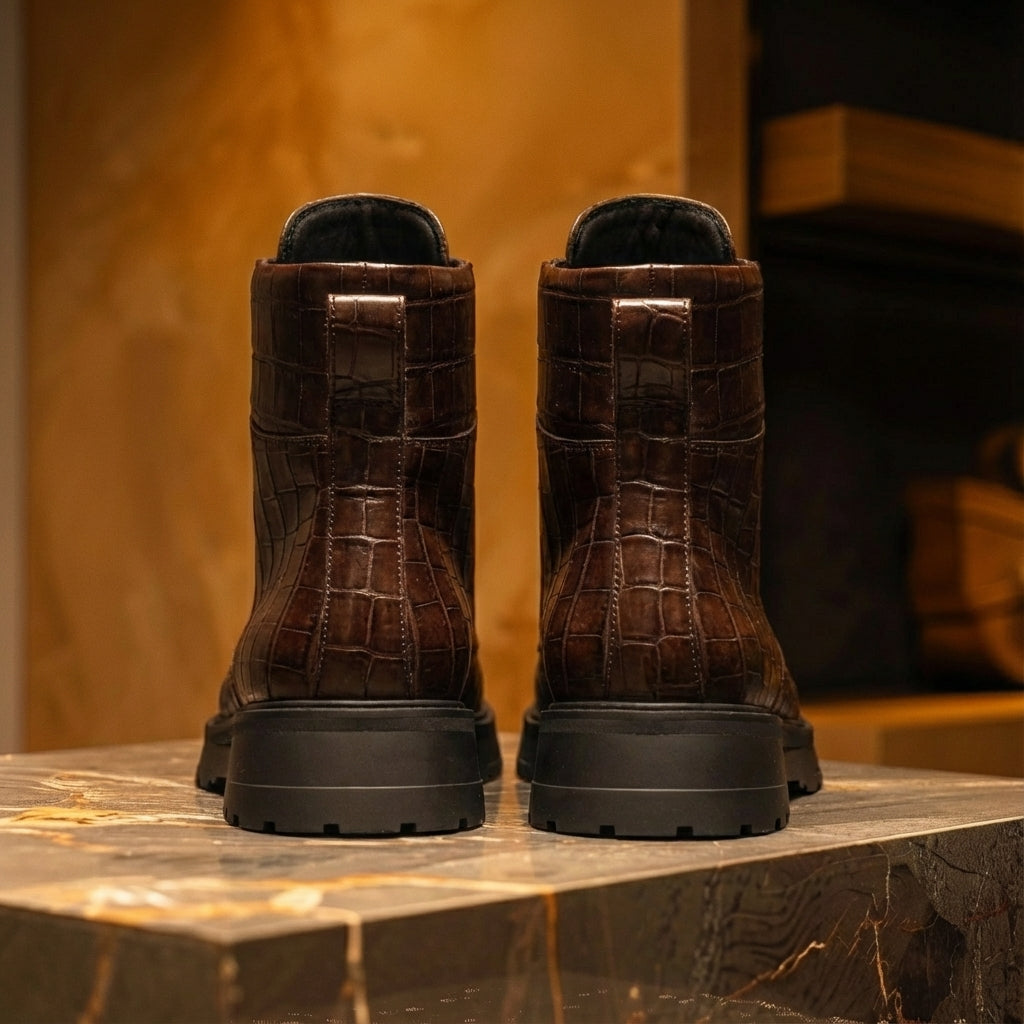 Brown Croc Print Leather Elvio Combat Boot