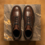Brown Croc Print Leather Elvio Combat Boot