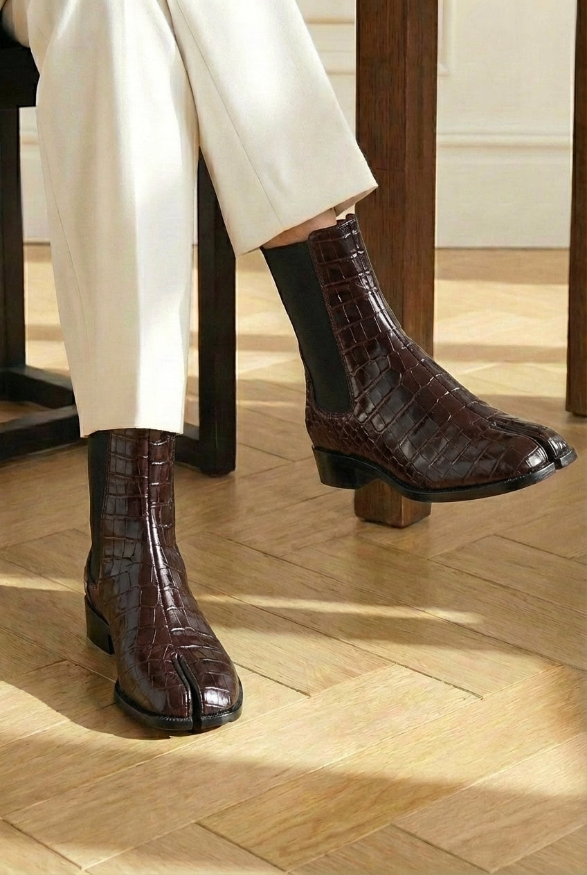 Brown Croc Print Leather Amino With Split Toe Chelsea Boot