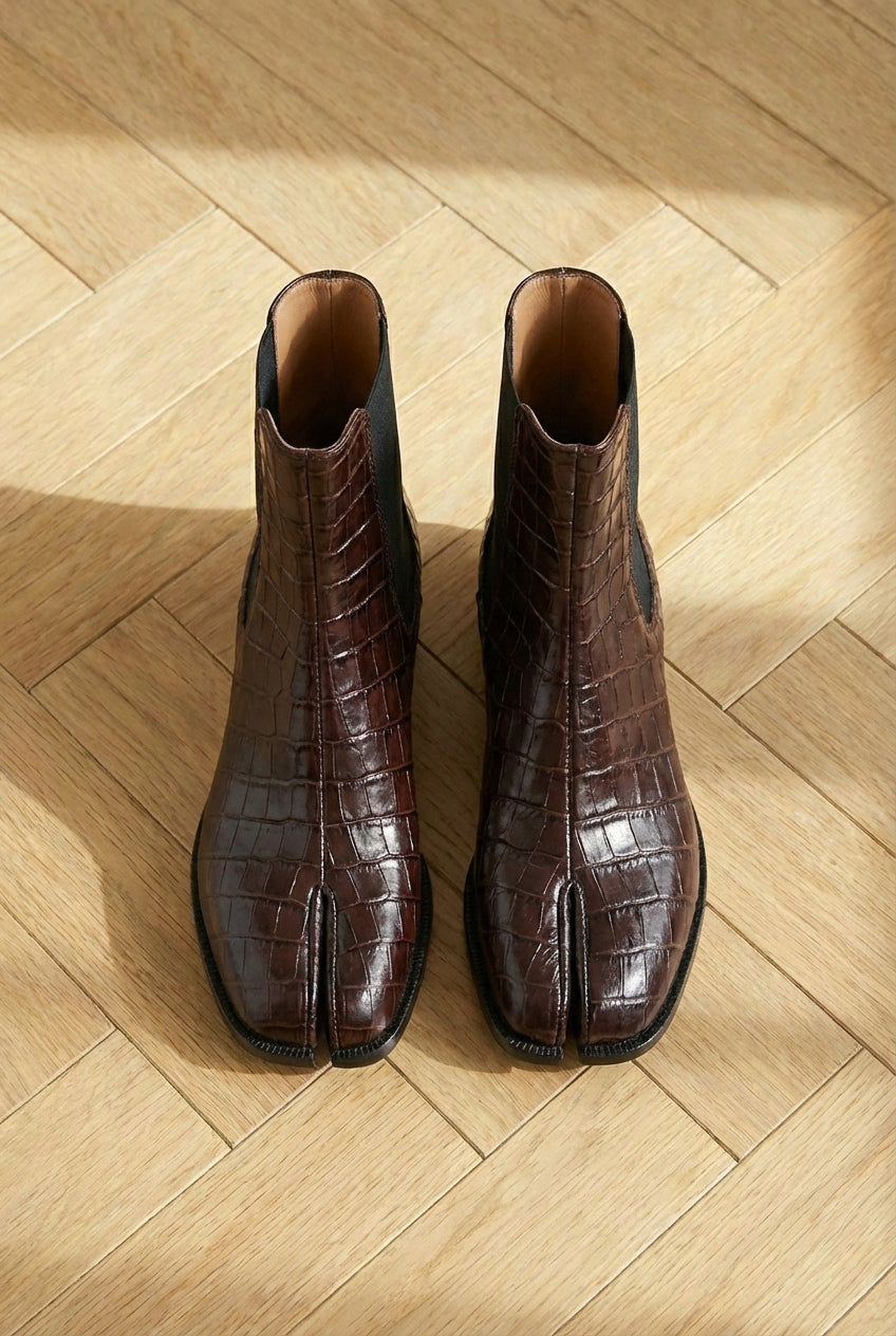 Brown Croc Print Leather Amino With Split Toe Chelsea Boot