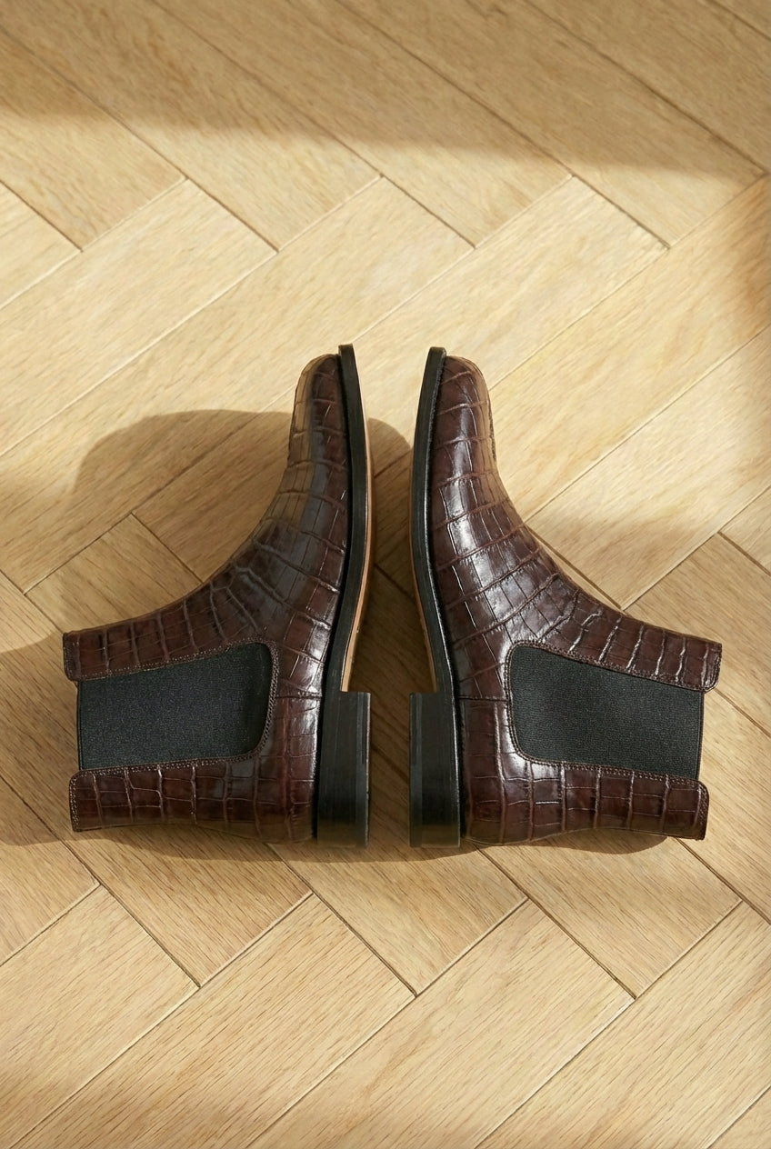 Brown Croc Print Leather Amino With Split Toe Chelsea Boot