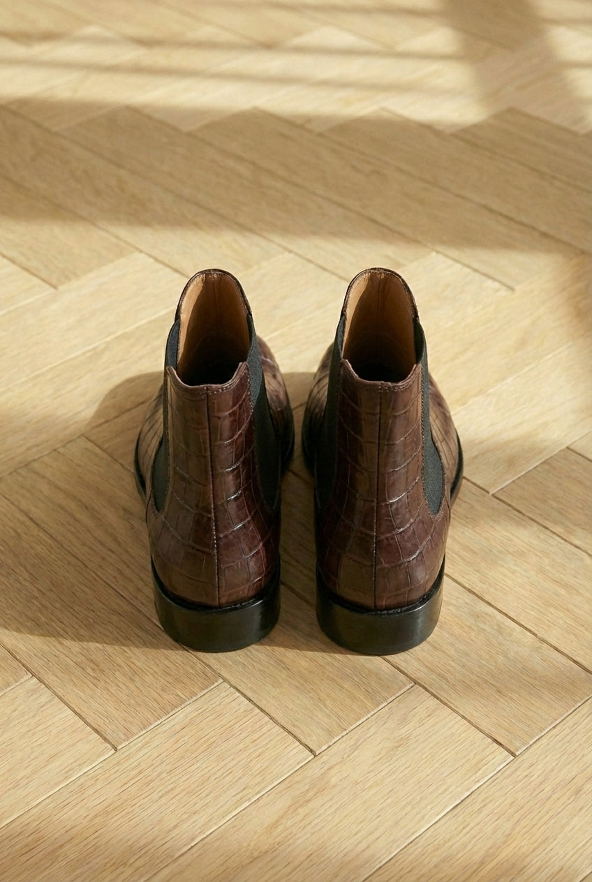 Brown Croc Print Leather Amino With Split Toe Chelsea Boot