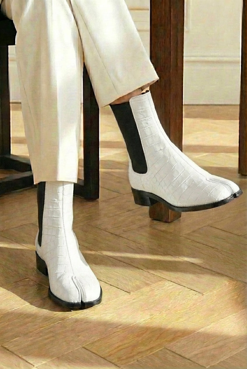 White Croc Print Leather Amino With Split Toe Chelsea Boot
