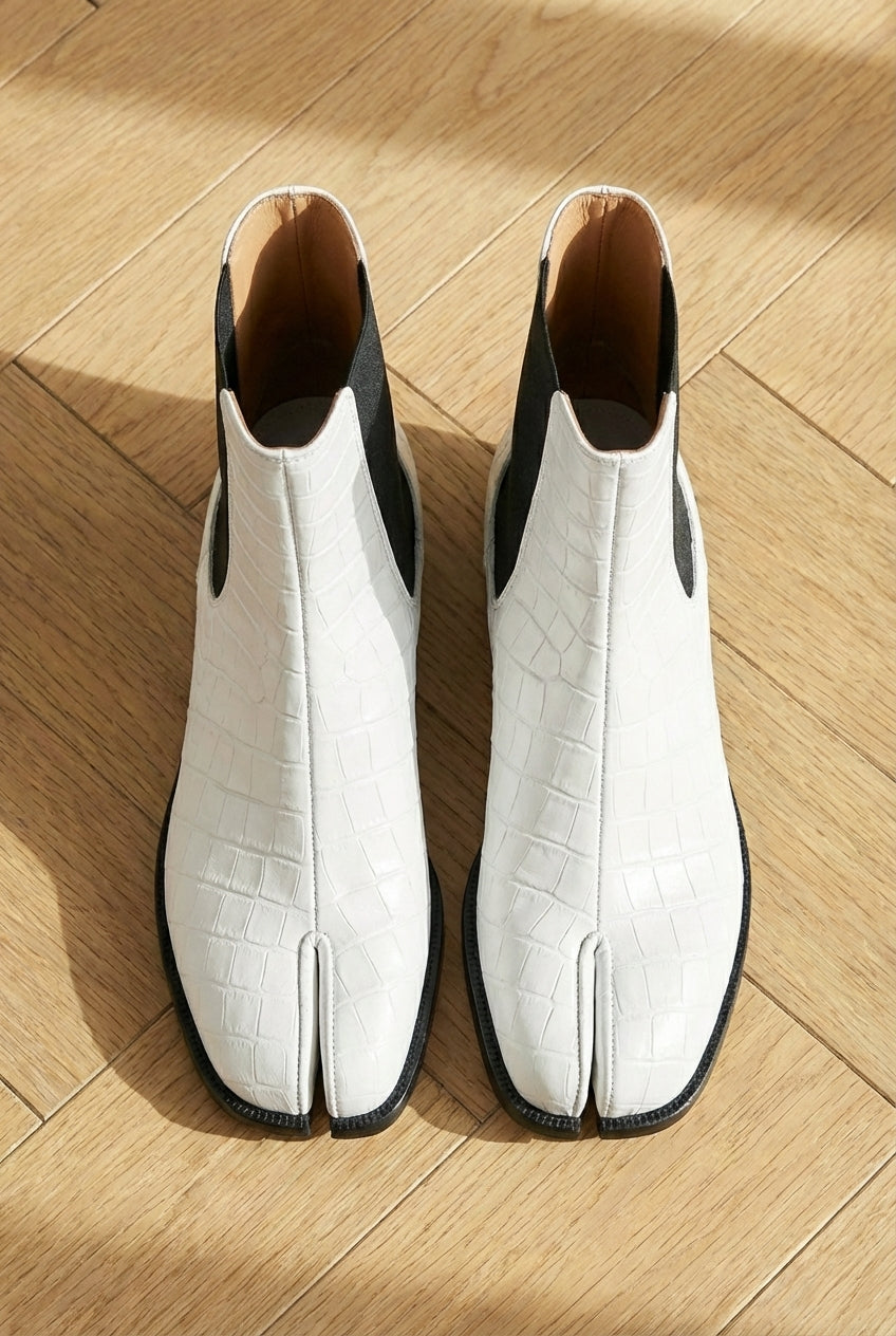 White Croc Print Leather Amino With Split Toe Chelsea Boot