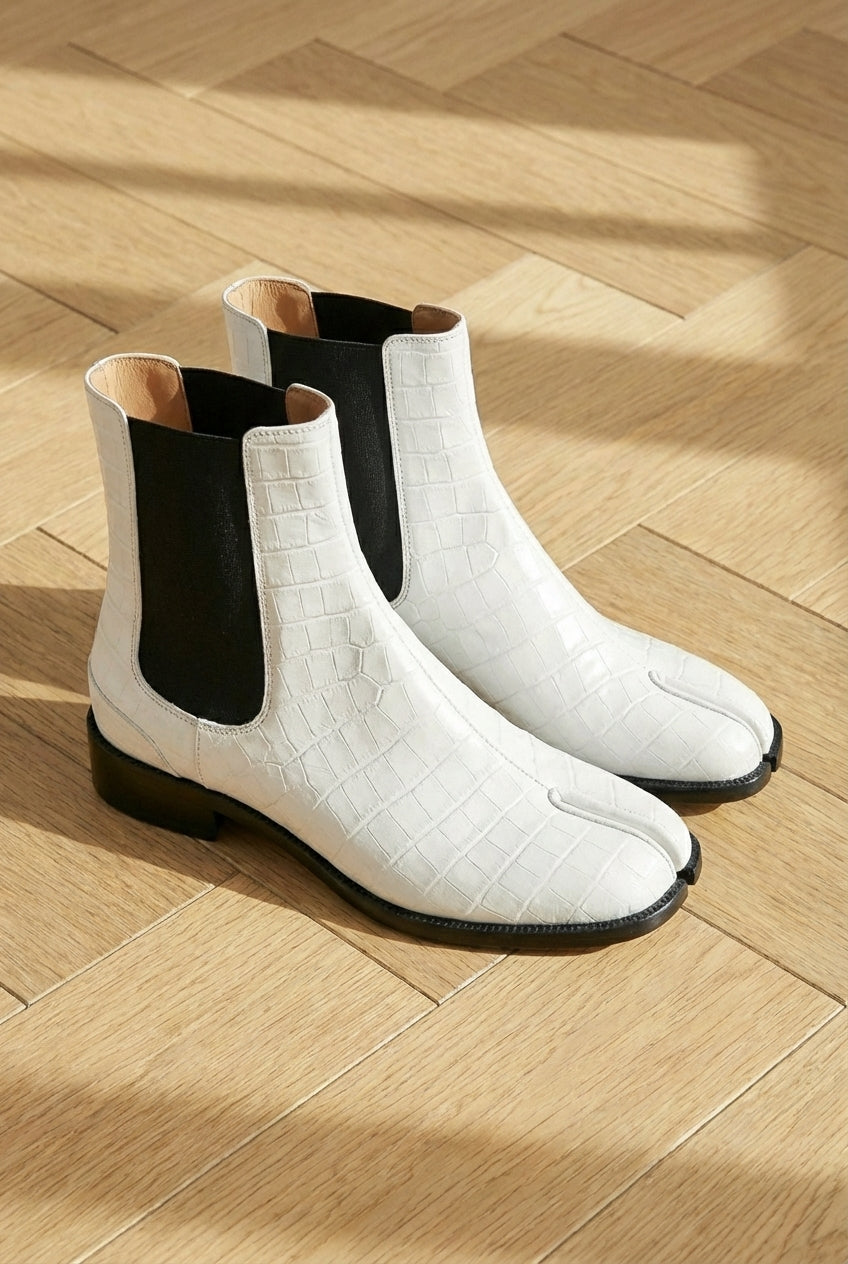 White Croc Print Leather Amino With Split Toe Chelsea Boot