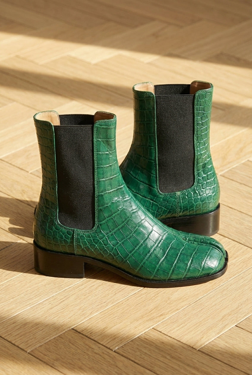 Green Croc Print Leather Amino With Split Toe Chelsea Boot