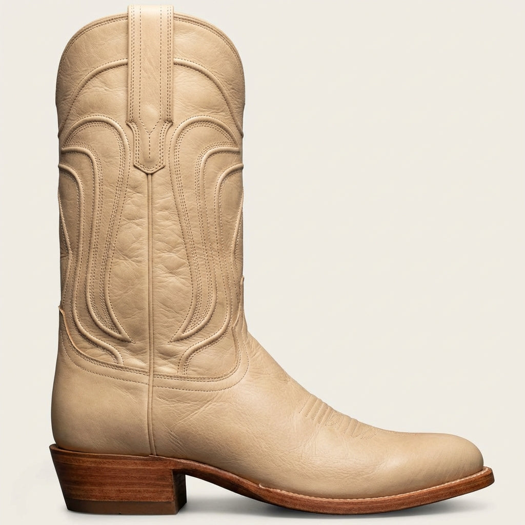 Beige Leather Renovaux Slip On Zipper Western Cowboy Boots - AW24