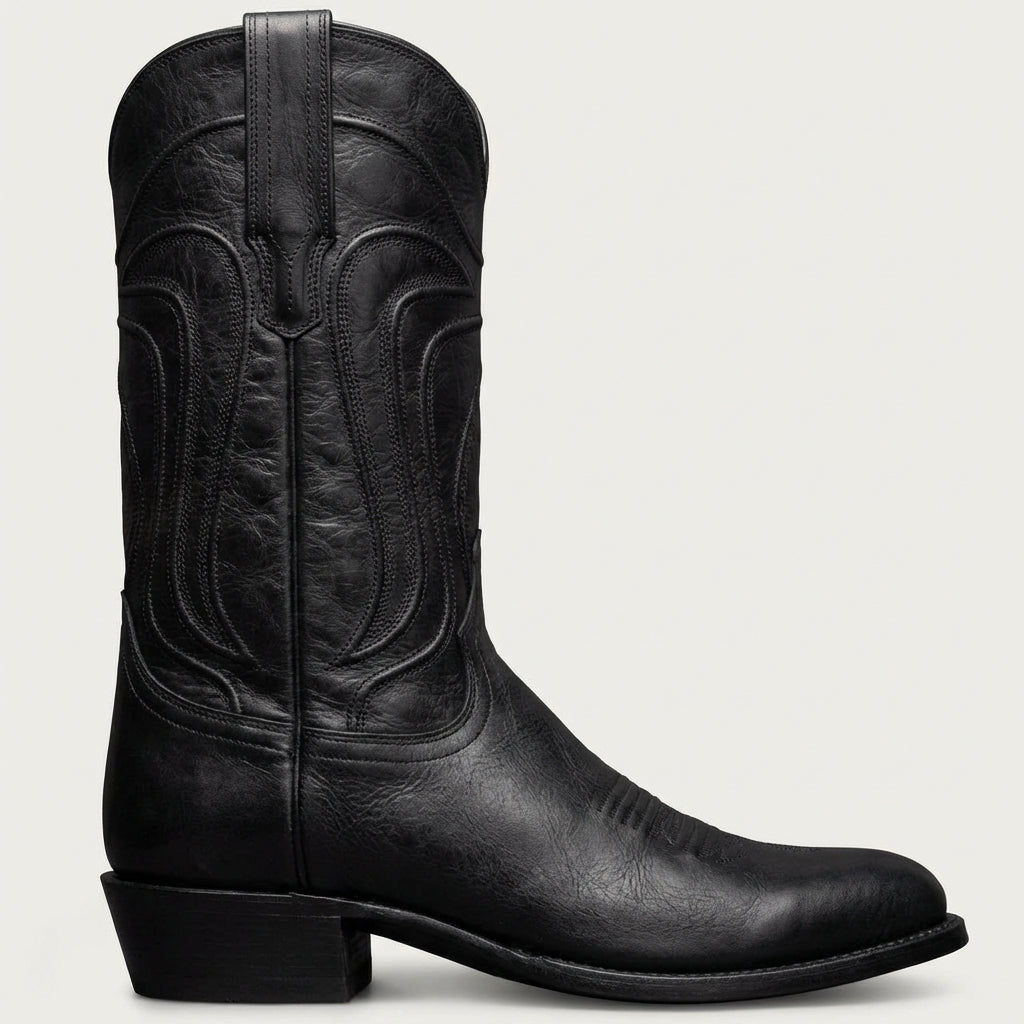 Black Leather Renovaux Slip On Zipper Western Cowboy Boots - AW24