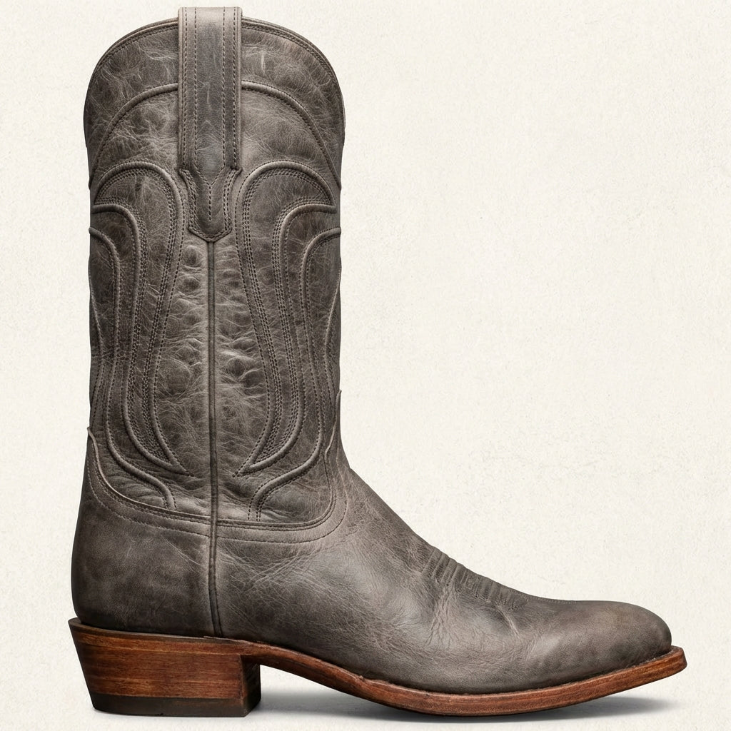 Grey Leather Renovaux Slip On Zipper Western Cowboy Boots - AW24
