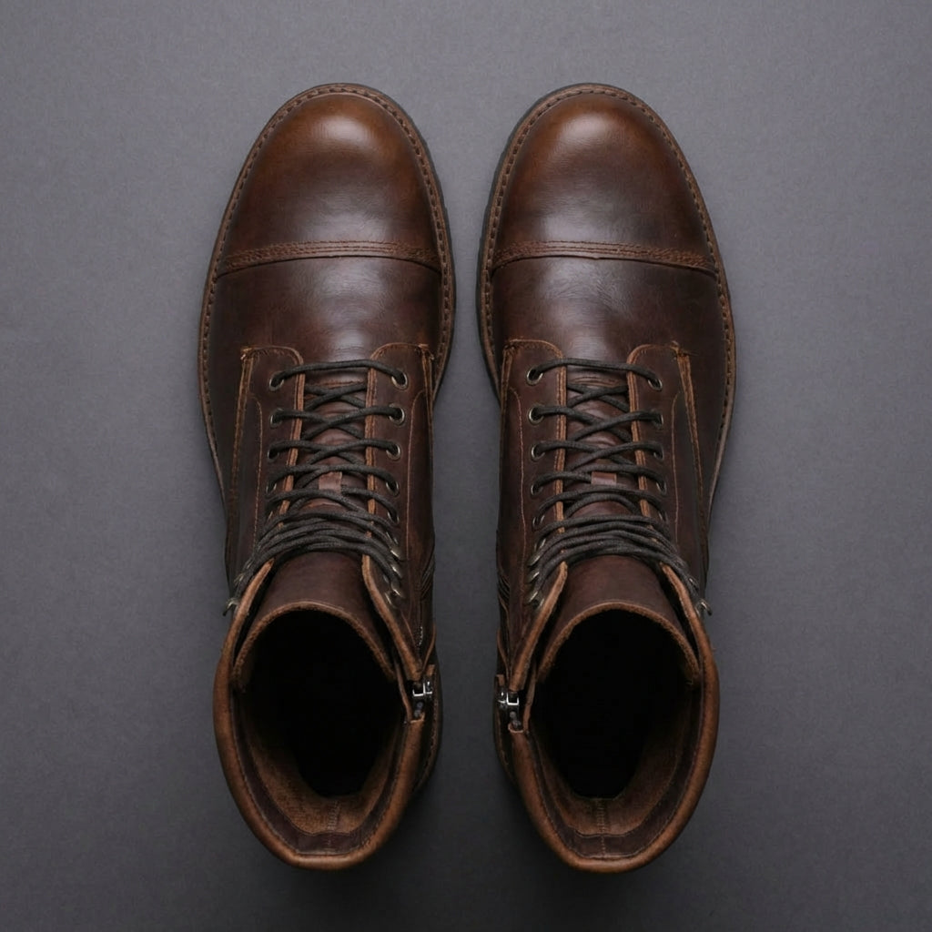 Extra Narrow Shoes (2A,4A,6A) Dark Brown Leather Oriella Lace Up Chunky Derby Boots with Zipper and Track Sole - AW24 - Hiking and Trekking Boots