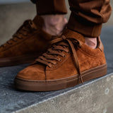 Brown Suede Leather Remigio Lace-Up With Red Sole Sneakers