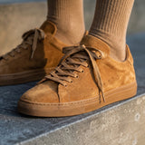 Tan Suede Leather Remigio Lace-Up With Red Sole Sneakers