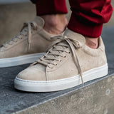 Beige Suede Leather Remigio Lace-Up With Red Sole Sneakers