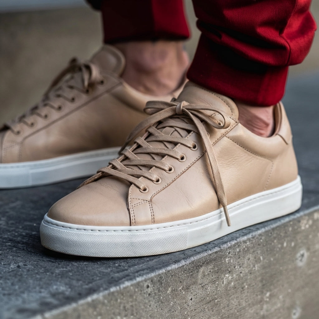 Beige Leather Remigio Lace-Up With Red Sole Sneakers