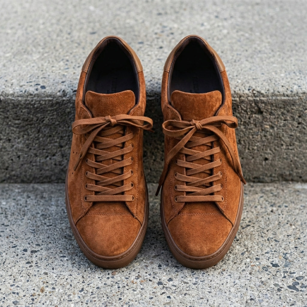 Brown Suede Leather Remigio Lace-Up With Red Sole Sneakers