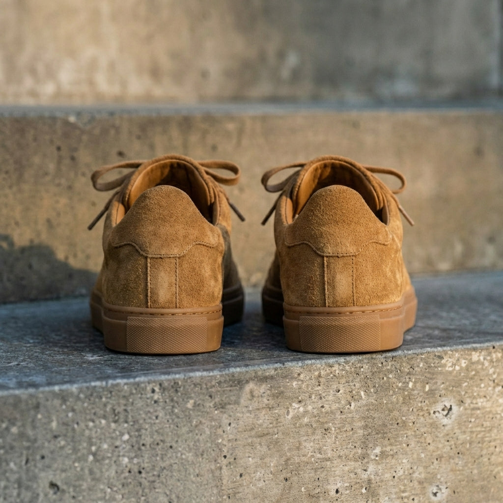 Tan Suede Leather Remigio Lace-Up With Red Sole Sneakers