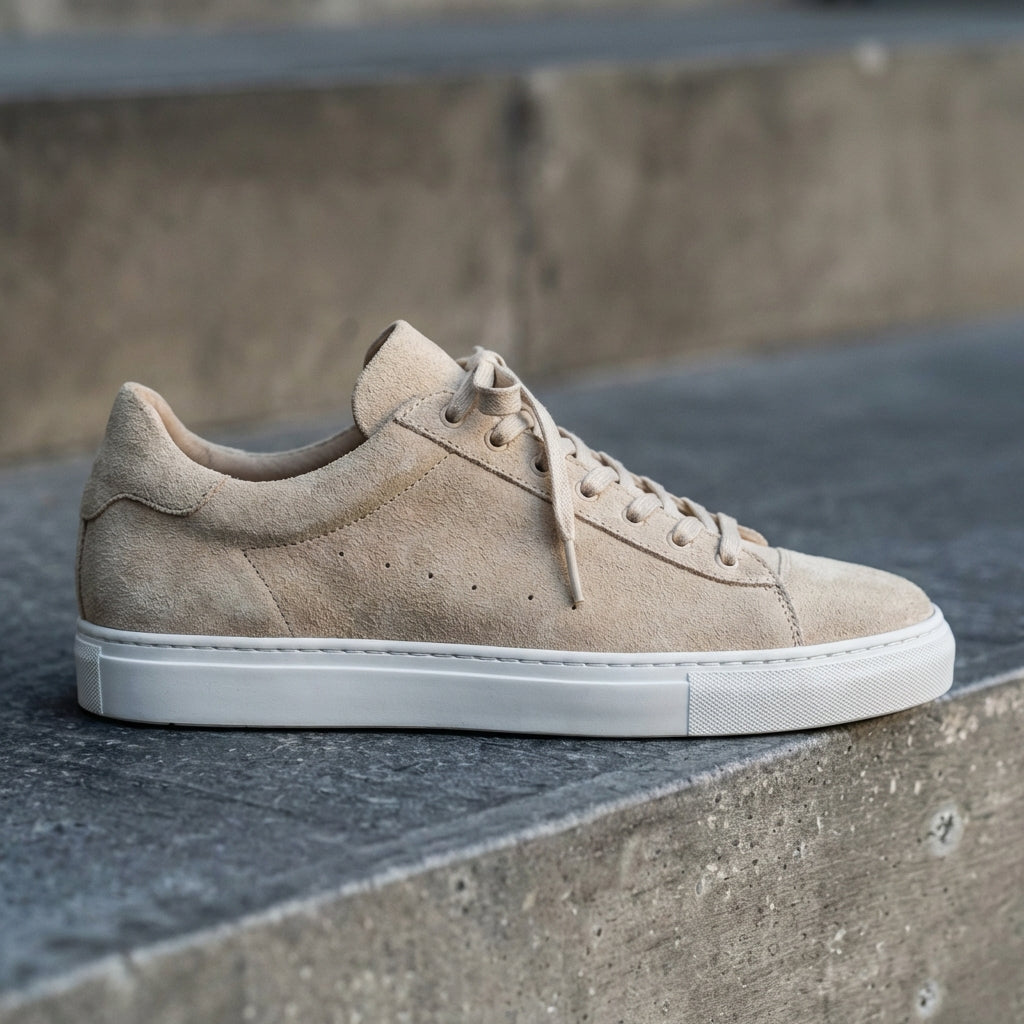 Beige Suede Leather Remigio Lace-Up With Red Sole Sneakers