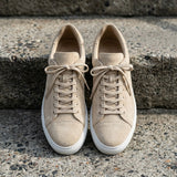 Beige Suede Leather Remigio Lace-Up With Red Sole Sneakers
