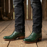 Green Leather Renovaux Slip On Zipper Western Cowboy Boots - AW24