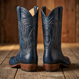 Blue Leather Renovaux Slip On Zipper Western Cowboy Boots - AW24
