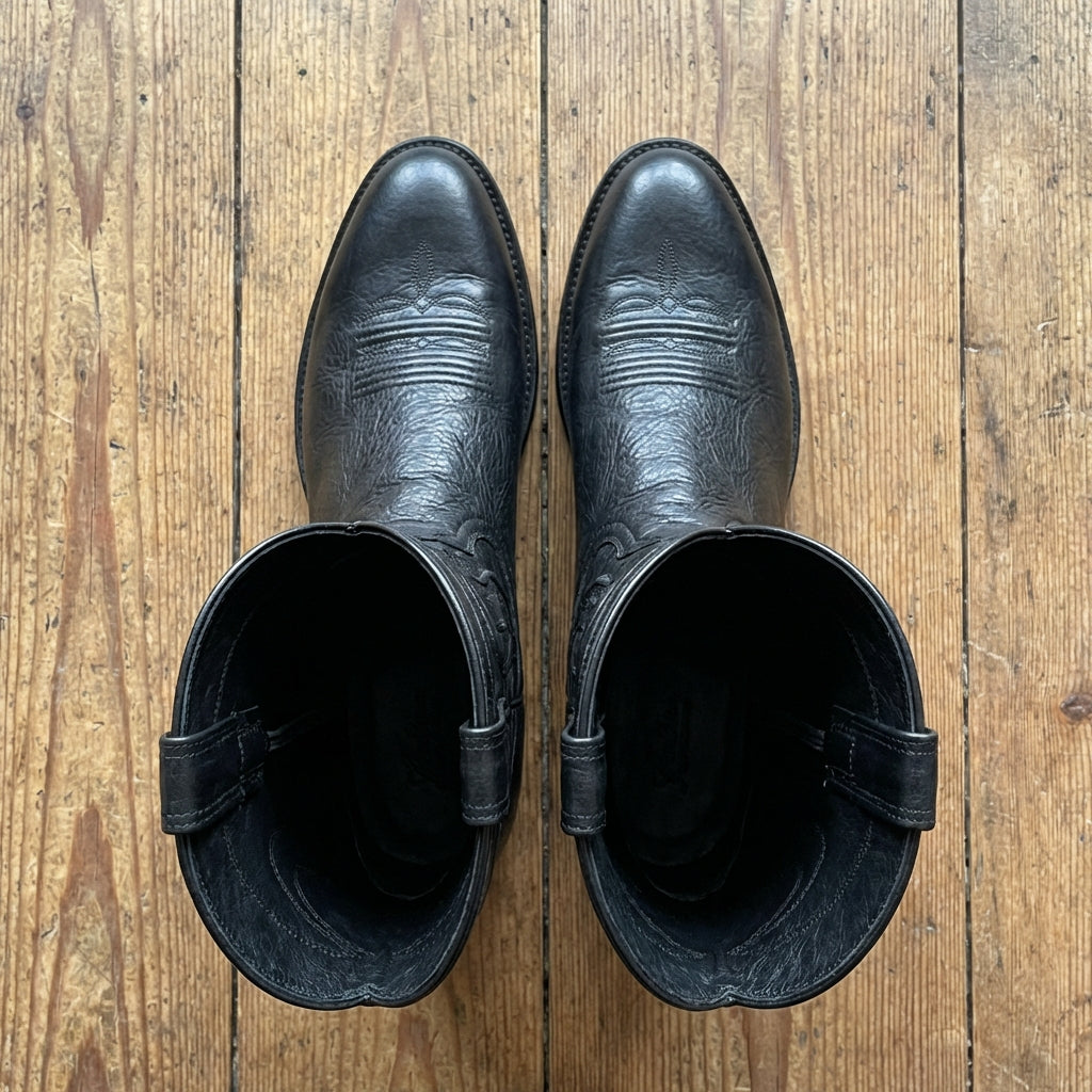 Black Leather Renovaux Slip On Zipper Western Cowboy Boots - AW24