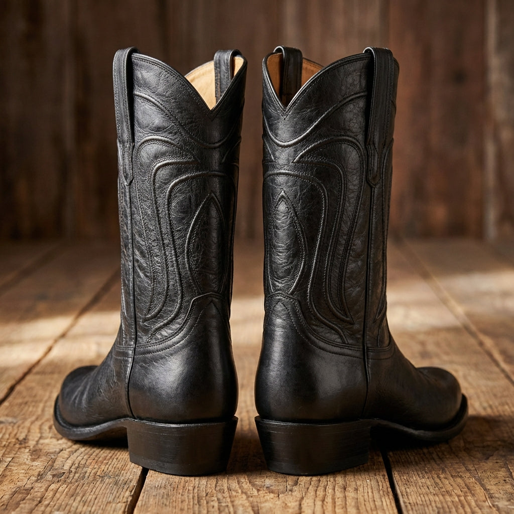 Black Leather Renovaux Slip On Zipper Western Cowboy Boots - AW24