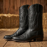 Black Leather Renovaux Slip On Zipper Western Cowboy Boots - AW24