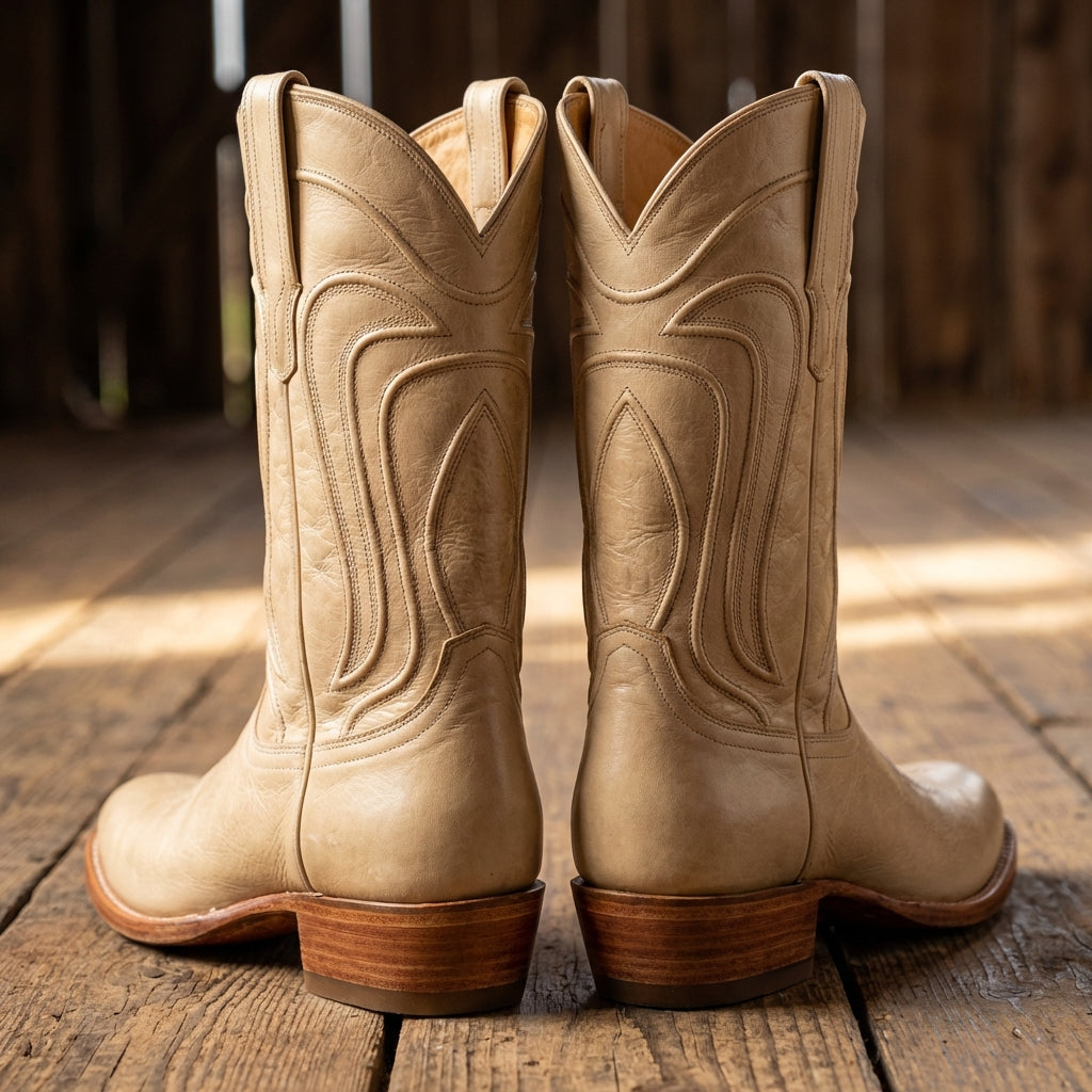 Beige Leather Renovaux Slip On Zipper Western Cowboy Boots - AW24