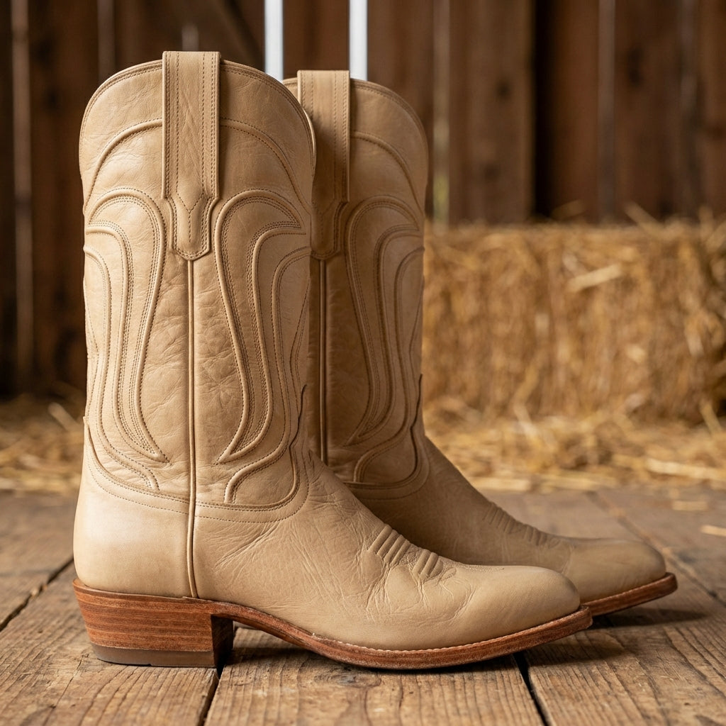 Beige Leather Renovaux Slip On Zipper Western Cowboy Boots - AW24