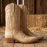 Beige Leather Renovaux Slip On Zipper Western Cowboy Boots - AW24
