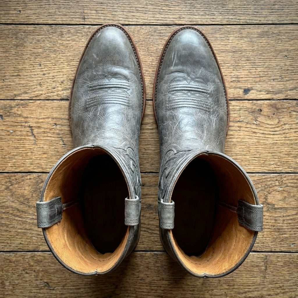 Grey Leather Renovaux Slip On Zipper Western Cowboy Boots - AW24