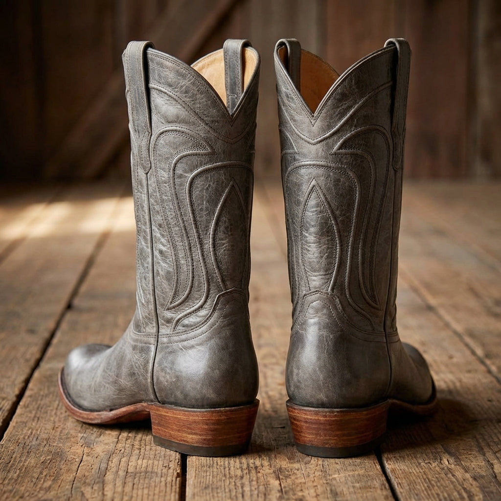 Grey Leather Renovaux Slip On Zipper Western Cowboy Boots - AW24