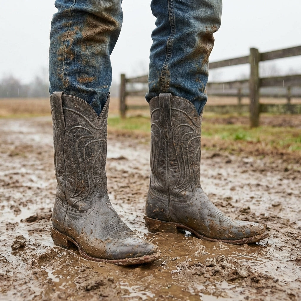 Grey Leather Renovaux Slip On Zipper Western Cowboy Boots - AW24