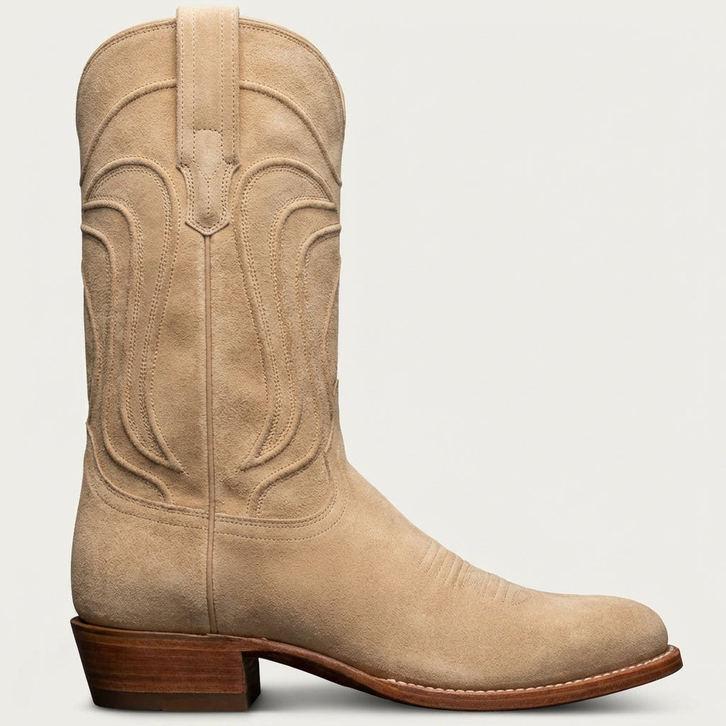 Beige Suede Leather Renovaux Slip On Zipper Western Cowboy Boots - AW24