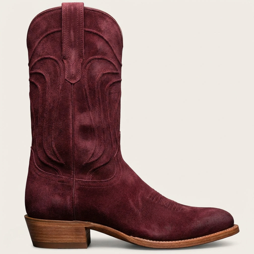 Burgundy Suede Leather Renovaux Slip On Zipper Western Cowboy Boots - AW24