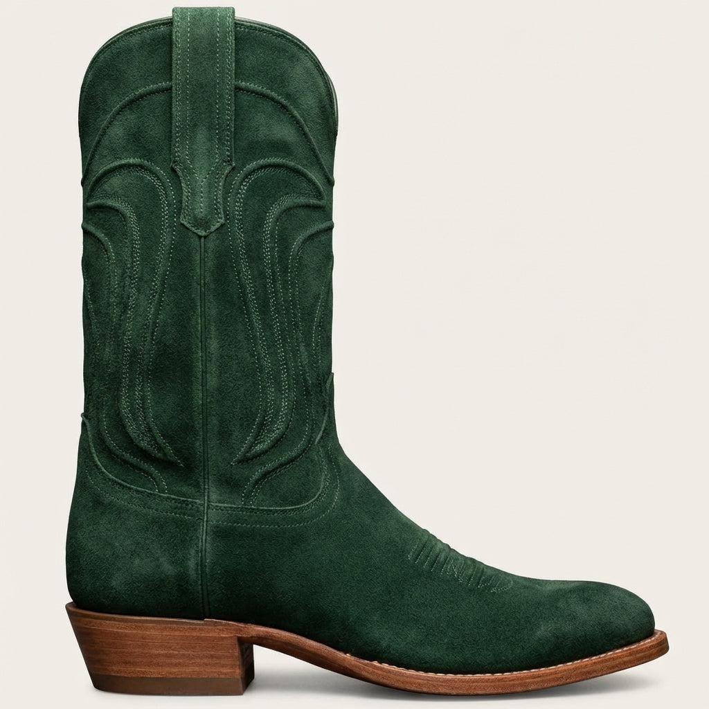 Green Suede Leather Renovaux Slip On Zipper Western Cowboy Boots - AW24