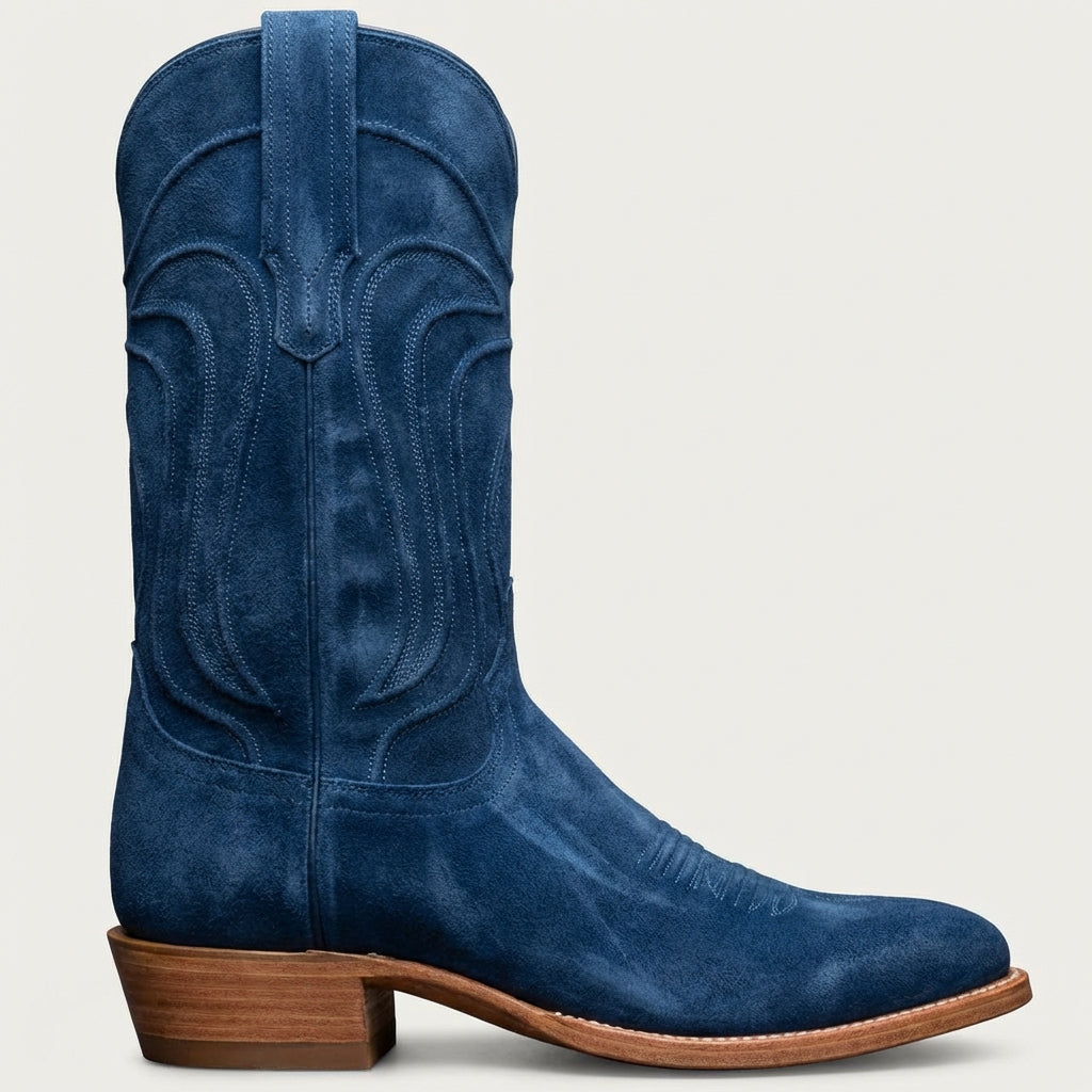 Blue Suede Leather Renovaux Slip On Zipper Western Cowboy Boots - AW24
