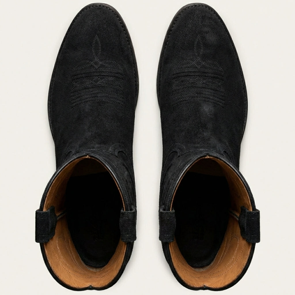 Black Suede Leather Renovaux Slip On Zipper Western Cowboy Boots - AW24