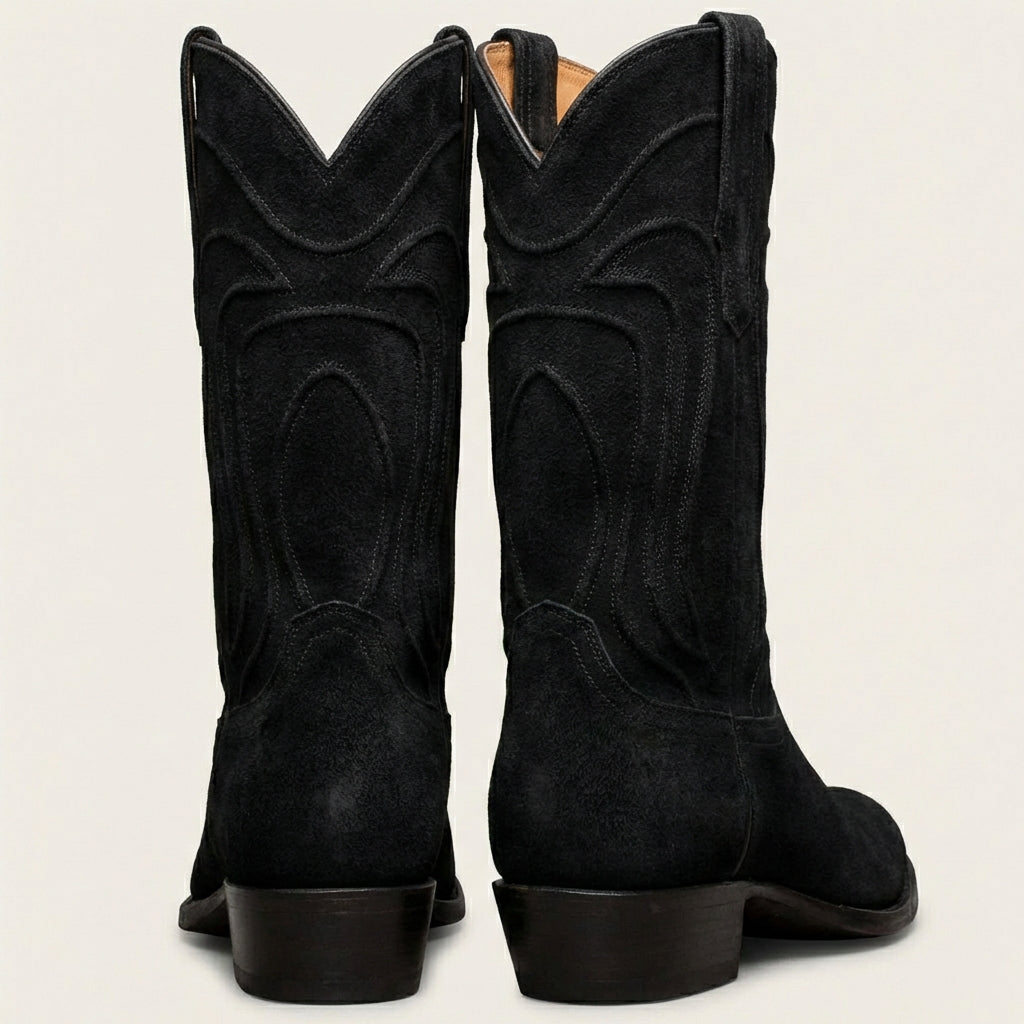 Black Suede Leather Renovaux Slip On Zipper Western Cowboy Boots - AW24